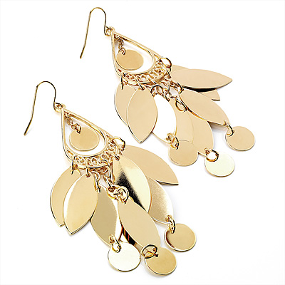 Gold Tone Polished Leaf Chandelier Drop Earrings - 9cm Drop - main view