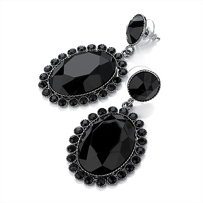 Large Black Oval Acrylic Drop Earrings (Black Tone Metal) - 5.5cm Drop - main view