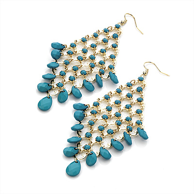 Long Turquoise Coloured Acrylic Bead Chandelier Dangle Earrings (Gold Tone) -13cm Drop - main view