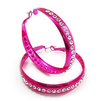 Large Neon Pink Crystal Hoop Earrings - 6cm Diameter - main view