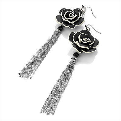 Long Fimo Black Rose Flower Tassel Drop Earrings (Silver Tone) - 14cm Drop - main view