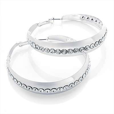 Large Metallic Silver Crystal Hoop Earrings - 6cm Diameter - main view