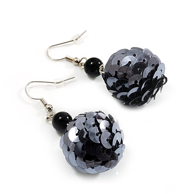 Black Sequin Ball Drop Earrings (Silver Tone) - 5.5cm Drop - main view