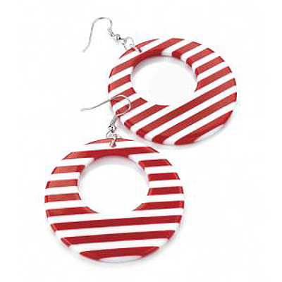 Red & White Stripy Plastic Hoop Earrings - 5cm Diameter - main view