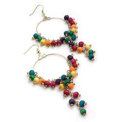 Multicoloured Wood Bead Drop Hoop Earrings ( Gold Tone) - 11cm Drop - main view