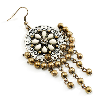 Floral Bead Drop Earrings (Bronze & White Tone) - 9cm Drop - main view