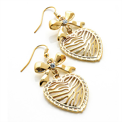 Gold Tone Crystal Bow Heart Drop Earrings - 5.5cm Drop - main view