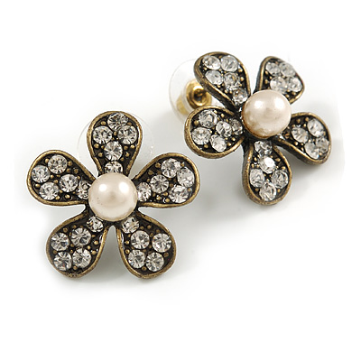 Charming Diamante Simulated Pearl Daisy Stud Earrings (Burn Gold Metal) - 2.5cm Diameter - main view