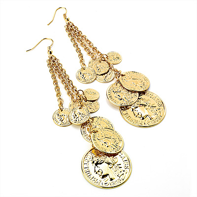 Long Greek Style Coin Dangle Earrings (Gold Tone)  - 11cm Drop - main view