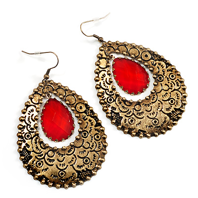 Large Textured Jeweled Hoop Drop Earrings (Burn Gold) - 7.5cm Drop - main view