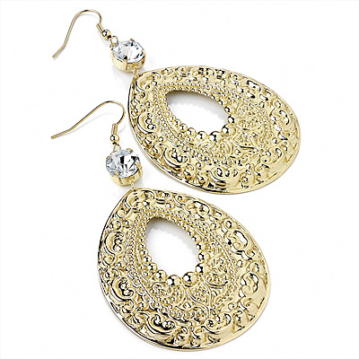 Hammered Oval Diamante Hoop Earrings (Gold Tone) - 9cm Drop - main view
