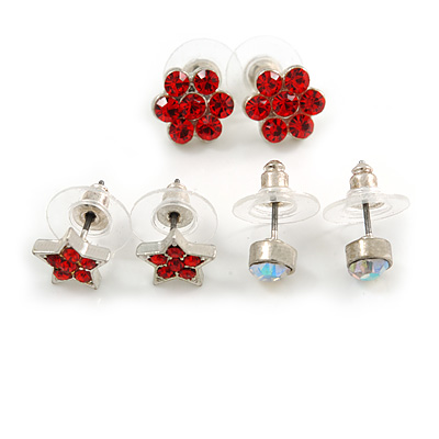 Hot Red Jewelled Stud Earrings (Set of 3 Floral)