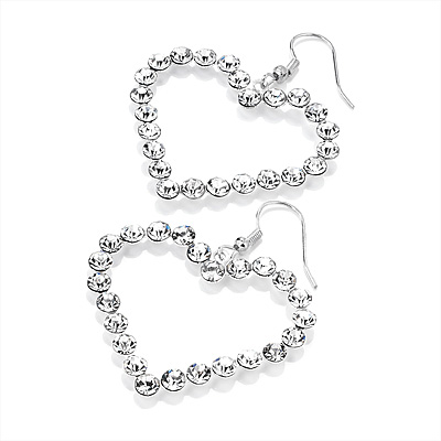 Diamante Heart Drop Earrings (Silver Tone) - 5cm Drop - main view