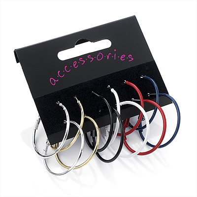 Set of 6 Metal Hoop Earrings (Silver, Gold, Black, White, Red, Blue) - 3cm Diameter - main view