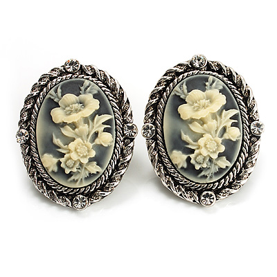 Antique Silver Floral Cameo Clip-On Earrings - 35mm Length