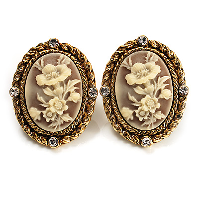 Antique Gold Floral Cameo Clip-On Earrings