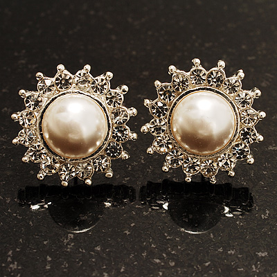 Snow-White Crystal Faux Pearl Stud Earrings (Silver Tone) -2cm Diameter - main view