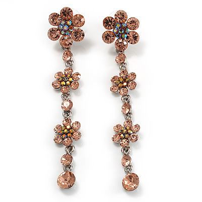 Long Statement Floral Dangle Earrings (Silver&Peach) -7cm Drop