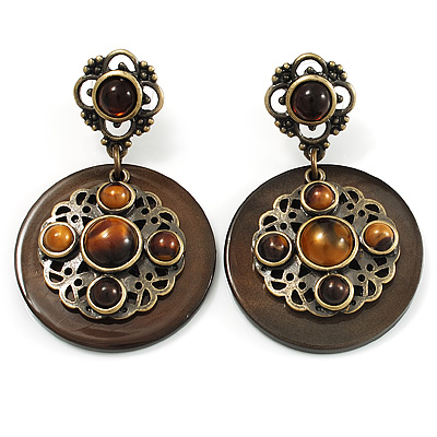 Vintage Round Shell Amber Coloured Resin Bead Drop Earrings (Bronze Tone) - main view