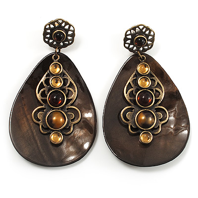 Vintage Teardrop Shell Amber Coloured  Resin Bead Drop Earrings (Bronze Tone) - main view