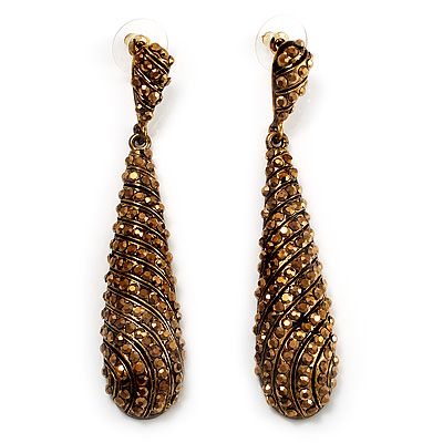Antique Gold Swarovski Crystal Teardrop Earrings - 7.5cm Drop - main view