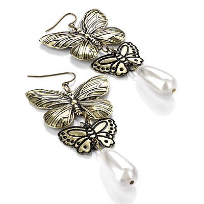 Bronze Tone Butterfly Drop Earrings - 8cm Length - main view