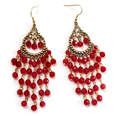 Long Red Acrylic Chandelier Earring (Antique Gold Finish) -10.5cm Drop - main view