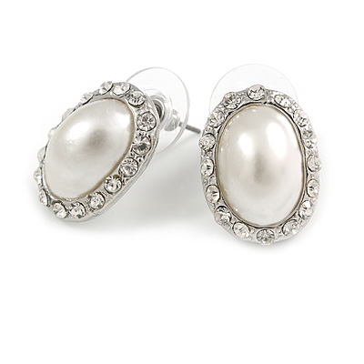 White Crystal Faux Pearl Stud Earrings (Silver Tone) - 1.5cm Diameter - main view