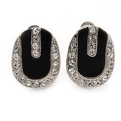 Oval Black Enamel Diamante Clip On Earrings In Silver Tone Metal - 15mm Length - main view