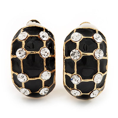 C-Shape Black Enamel Crystal Floral Clip On Earrings In Gold Plated Metal - 22mm Length - main view