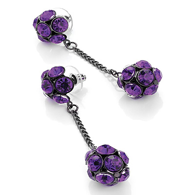 Gun Metal Purple Diamante Drop Earrings - 6.5cm Length - main view