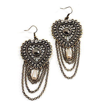 Long Vintage Bead Chain Chandelier Earrings (Bronze Tone) - 9cm Drop - main view