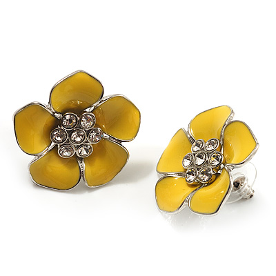 Yellow Enamel Floral Stud Earrings (Silver Tone) - 3cm Diameter - main view