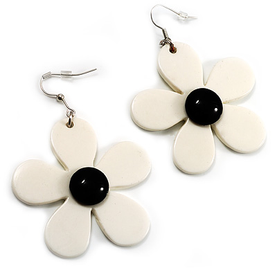 Large Black And White Acrylic Daisy Drop Earrings - 5cm Diameter - main view