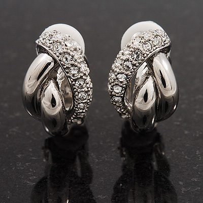 Rhodium Plated Diamante 'Braided' Clip On Earrings - 15mm Length - main view
