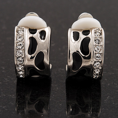 Small C-Shape Diamante Animal Print Clip On Earrings (Silver Tone) - main view