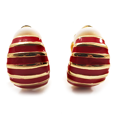 Small C-Shape Stripy Red Enamel Clip On Earrings (Gold Tone) - main view
