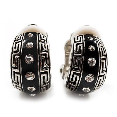 Small C-Shape Greek Style Black Enamel Clip On Earrings (Silver Tone) - main view
