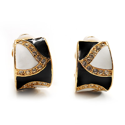 Small C-Shape 'Leaf' Black&White Enamel Diamante Clip On Earrings (Gold Tone) - main view