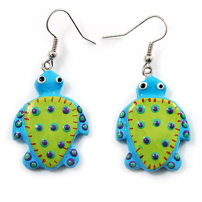 Funky Wooden Turtle Drop Earrings (Light Green & Blue) - 4.5cm Length - main view