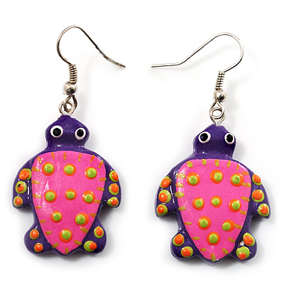 Funky Wooden Turtle Drop Earrings (Deep Pink & Purple) - 4.5cm Length - main view