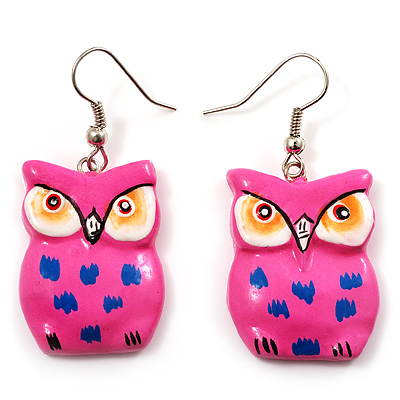 Deep Pink Wood Owl Drop Earrings - 4.5cm Length - main view