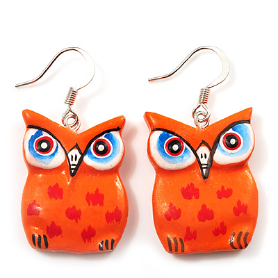 Bright Orange Wood Owl Drop Earrings - 4.5cm Length - main view