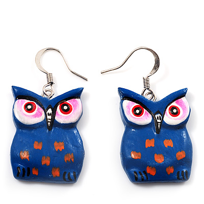 Dark Blue Wood Owl Drop Earrings - 4.5cm Length - main view