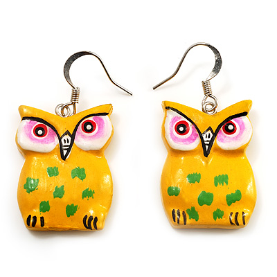 Bright Yellow Wood Owl Drop Earrings - 4.5cm Length - main view