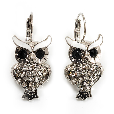 Silver Tone Crystal Owl Drop Earrings - main view
