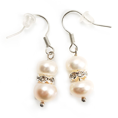 Small White Freshwater Pearl Crystal Drop Earrings (Silver Tone) - 3cm Length