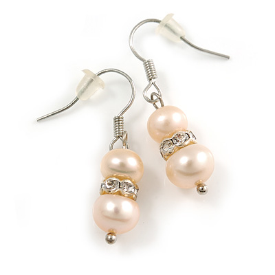 Small Light Cream Freshwater Pearl Crystal Drop Earrings (Silver Tone) - 3cm Length - main view