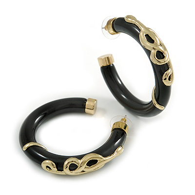 Black Resin Gold Snake Hoop Earrings - 5cm Diameter - main view