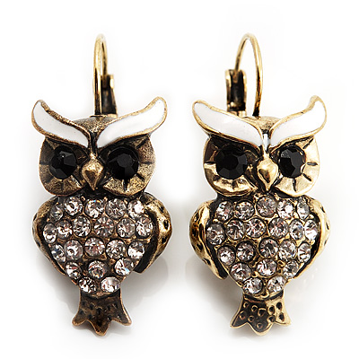 Antique Gold Tone Clear Crystal Owl Drop Earrings - main view